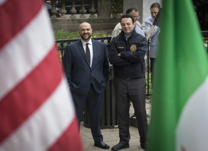 04-20-19 SOUTH PATERSON PROJECT/SYRIAN ANNIVERSARY : Prospect Park mayor Mohamed T. Khairullah, left, and Paterson mayor Andre Sayegh at the Syrian Independence flag raising ceremony at Paterson City Hall. Sayegh is of Lebanese and Syrian descent, and Khairullah was born in Syria.Evacuation Day is Syria's national day commemorating the evacuation of the last French soldier and Syria's proclamation of full independence and the end of the French mandate of Syria on April 17,1946, and does not correlate to the current political strife in Syria, This ceremony did NOT recognize the flag used by the Syrian Government, instead honored the flag used by the Syrian Opposition.


-photo by Thomas E. Franklin
*PERMISSION GRANTED TO ROUND EARTH MEDIA