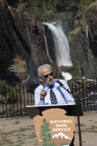 PATERSON, NJ  10-02-2019 NATURALIZATION CEREMONY AT GREAT FALLS:  Rep. Bill Pascrell, Jr., makes  remarks during a Naturalization Ceremony held by the Paterson Great Falls National Historical Park. The Paterson Great Falls National Historical Park (NPS), in partnership with U.S. Citizenship and Immigration Services (USCIS), held a naturalization ceremony in the park’s new amphitheater where 40 new citizens, mostly residents of Paterson, took the Oath of Allegiance to the United States.